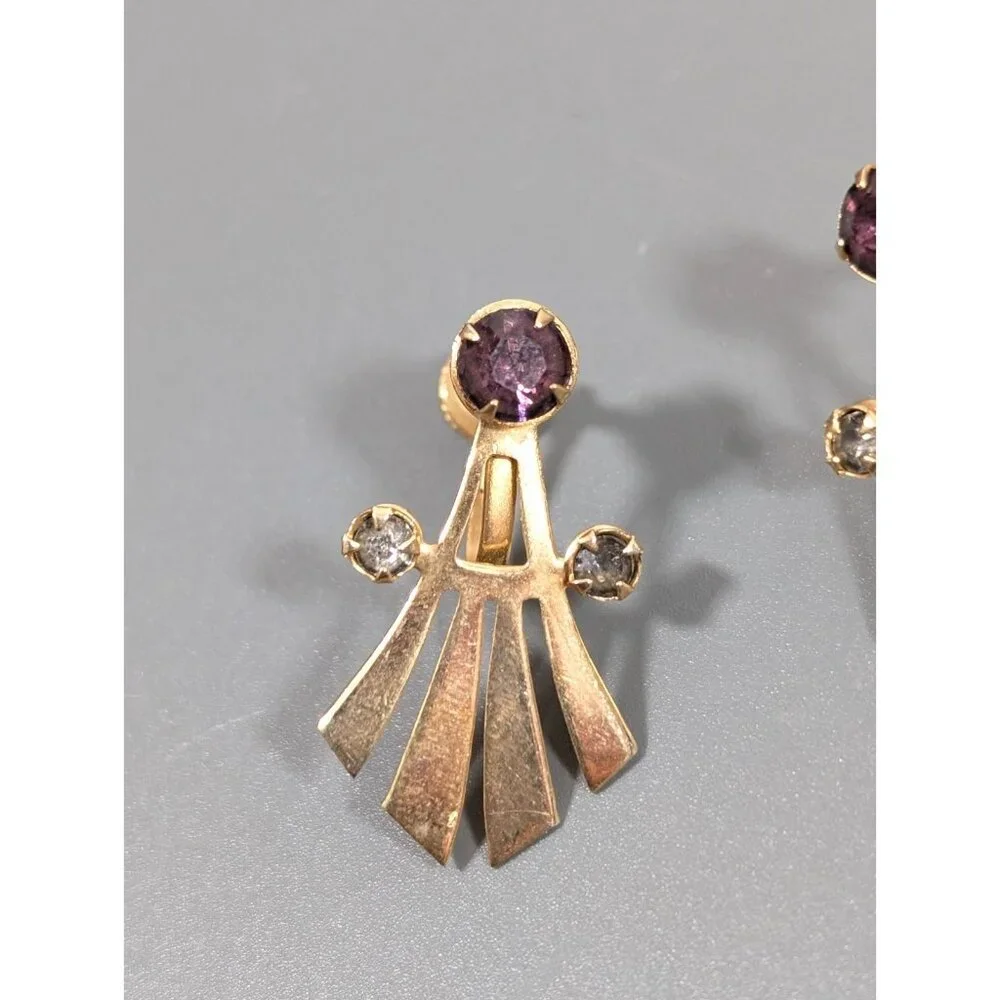 Vintage‎ Gold Tone Art Deco Fan Purple Smokey Rhinestone Screw Back Earrings